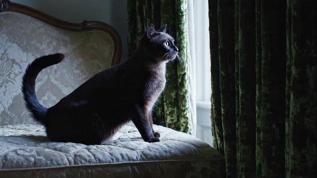 Stylish Cat Rests Beside Lush Curtains, Graceful Feline Reclines Near Velvet Drapes In Soft Light, Chic Cat Lounges Calmly On Antique Sofa Amidst Rich Textured Fabric And Subtle Illumination