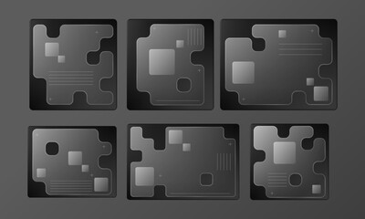 Cyberpunk modular UI elements and futuristic glass frames on dark background.