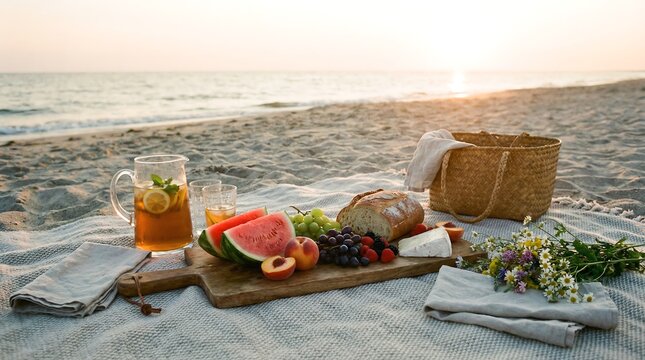 Picnic on beach at sunset with watermelon, bread, fruit, and iced tea. Summer leisure concept for vacation or outdoor dining scene.
