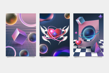 Retro futuristic 3D poster set with floating geometric shapes and vaporwave elements. Abstract y2k cosmic background with chrome spheres and neon grids.