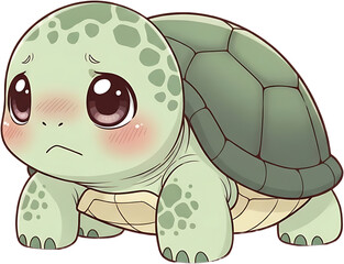 Cute cartoon turtle with big eyes and sad expression.