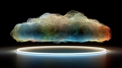 Glowing Cloud Shape Made of Particles Above a Ring on Black Background