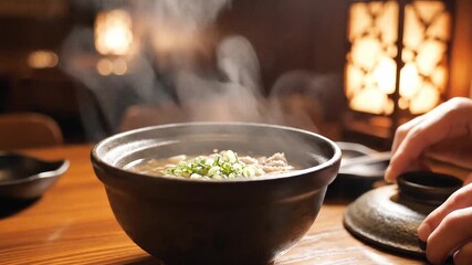 A steaming bowl of ramen on a wooden table in a cozy restaurant setting
