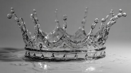 Monochrome Water Crown Formation on White Surface with Droplets and Splash Against Gradient Background with Dramatic Lighting
