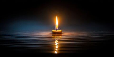 Fototapeta premium Lit Candle Flame Reflecting in Water with Dark Background Showing Warm Yellow Light and Blue Tones