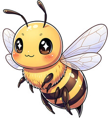 Cute cartoon bee with big eyes and wings flying.