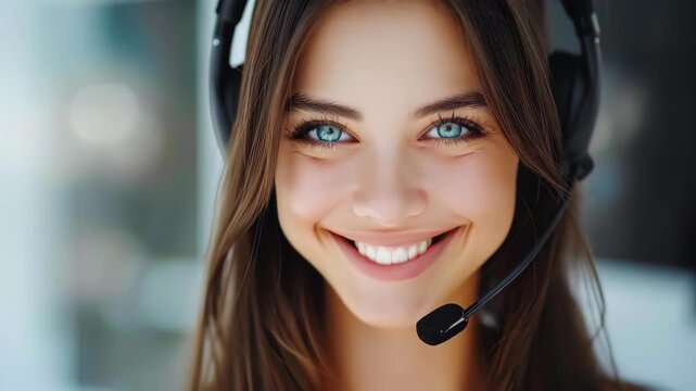Cheerful Customer Service: A friendly customer service representative, radiating warmth and professionalism. with headset on.
