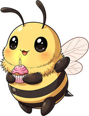 Cute cartoon bee holding a birthday cupcake with a candle.