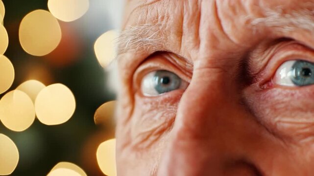 Wisdom's Gaze: A close-up portrait of an elder's eye, capturing a lifetime of experience and reflection, with a soft background of warm bokeh lights adding to the atmosphere. 