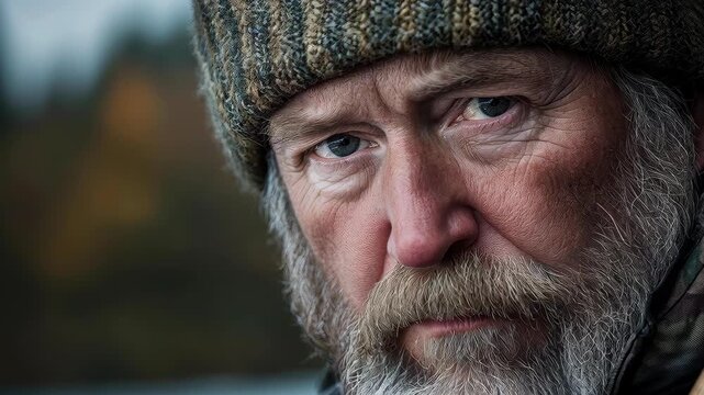 Intense gaze Portrait: Capturing an aged man's strong and solemn visage, enhanced by the textured warmth of his hat and beard, offering a glimpse into character.