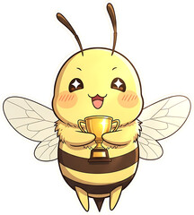 Cute cartoon bee holding a golden trophy with a happy expression.