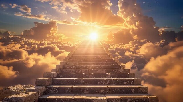 雲の中へ続く階段が希望や成功への道を象徴的に表現する幻想的風景
