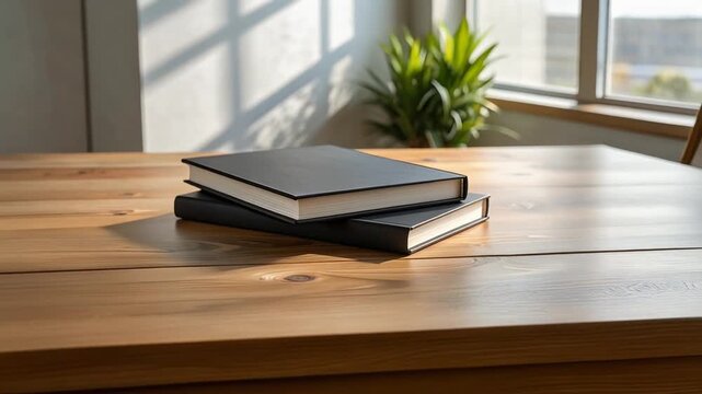 机の上に置かれた黒い本が知識と研究を象徴するシンプルな構図