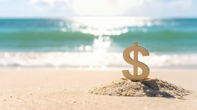 波打ち際の砂に置かれたドル記号が経済と自然の対比を印象づける構図