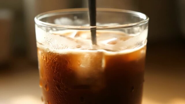 Refreshing Iced Coffee with Condensation and Straw Close-up