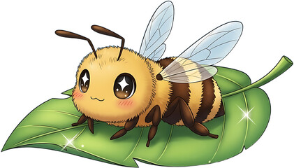 Cute cartoon bee with big eyes sitting on a green leaf.