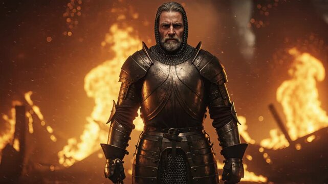 Ancient Warrior in Battle: An imposing figure, clad in intricate armor, stands resolute amidst a fiery battle scene, embodying strength, valor, and the spirit of a true warrior.