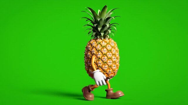 Animated Pineapple Character Waving on Green Background.