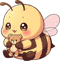 Cute cartoon bee character hugging a teddy bear toy.