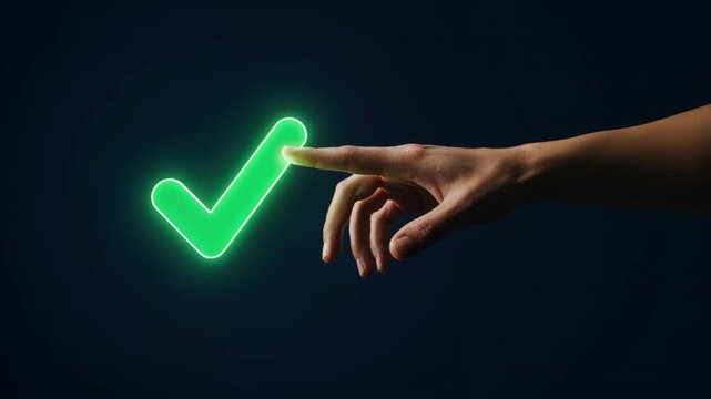 Digital Validation: A hand interacts with a luminous checkmark, embodying digital confirmation, approval, and seamless verification within a user-friendly and technological interface.