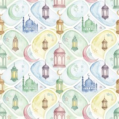 Soft watercolor seamless pattern featuring Ramadan lanterns, mosque silhouettes, crescent moon and stars in pastel tones. Elegant Islamic festive background ideal for wallpaper, textile, fabric 