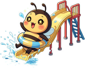 Cute cartoon bee wearing a swim ring slides down a water slide.