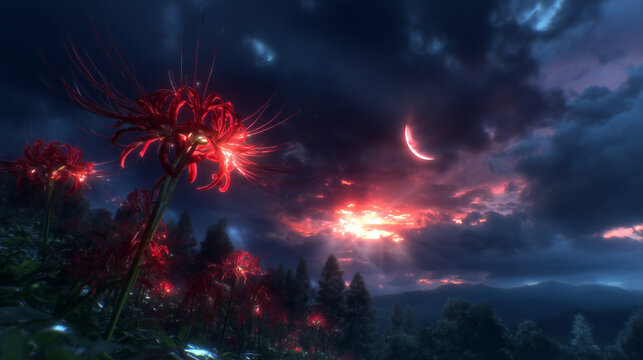 Low angle illustration of red spider lilies against a dark sky with a glowing red crescent moon and dramatic clouds, Anime style (光る赤い三日月と劇的な雲のある暗い空を背景にした、彼岸花のローアングルアニメスタイルイラスト)