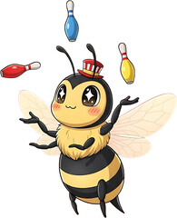 Cute cartoon bee juggling bowling pins with a hat.