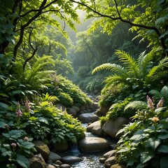 Serene forest stream with lush greenery and vibrant flowers