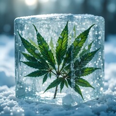 Frozen cannabis leaf encased in ice cube on snowy ground