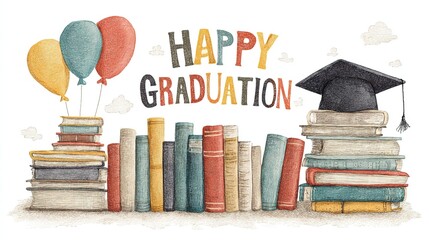 Graduation season poster, stacked books on the left, graduation hat tied with balloons on the right, "Happy Graduation" art word in the middle	