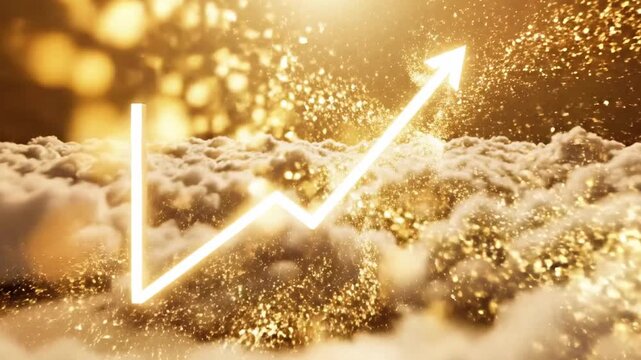 A glowing line graph rises through fluffy white clouds towards a bright light
