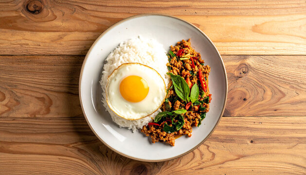 Pad Kra Pao Thai Basil Stir Fry on Wooden Table