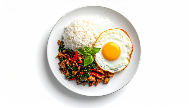 Pad Kra Pao Thai Basil Chicken Isolated on White   