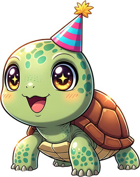 Cute cartoon turtle wearing a party hat celebrating a birthday.