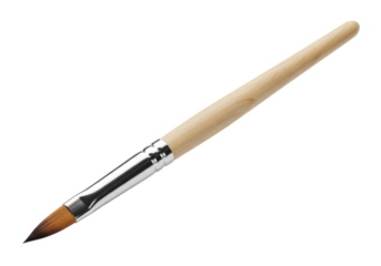 Immaculate art paint brush with wooden handle, silver ferrule, dark bristles, diagonally on transparent background, copy space, shadowless light. Concept of art and precision