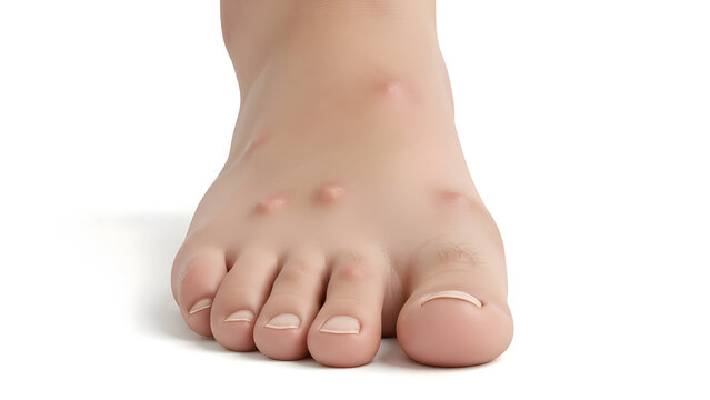 Medical image of a human foot showing corns and calluses with detailed skin texture, isolated on white.