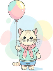 Cute cartoon kitten holding a colorful balloon wearing a sweater and scarf.