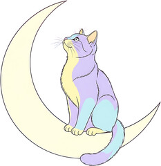 Whimsical Cat with Unicorn Horn Sits on Crescent Moon.