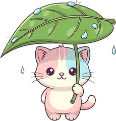 Cute cartoon cat holding a large green leaf as an umbrella during rain.