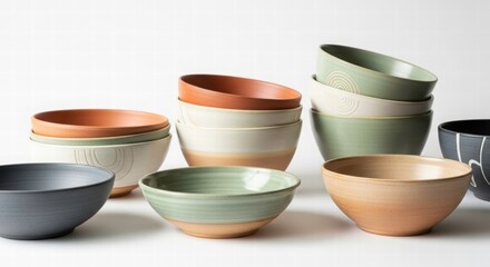 Ceramic Bowls: A collection of various ceramic bowls with assorted colors and designs, perfect for presenting dishes and dining