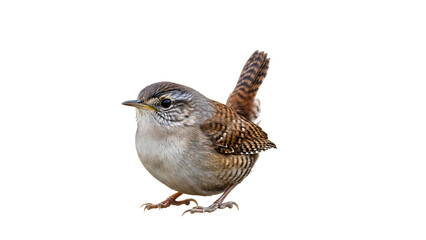 Fototapeta premium Detailed image of a wren bird with natural feather coloring, isolated on clean white background.
