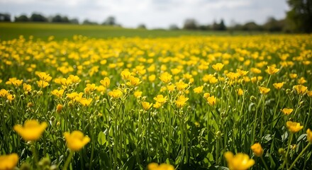 Obraz premium Field of yellow flowers under a bright sky.