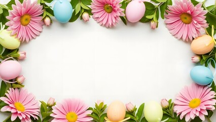 Fototapeta premium Floral Easter frame with pastel eggs and pink daisies on white with copy space.