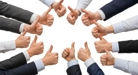 Detailed hands of diverse ages, tailored business suits, crisp shirts, thumbs up on transparent background, high-angle UHD studio photo, collective approval and success concept