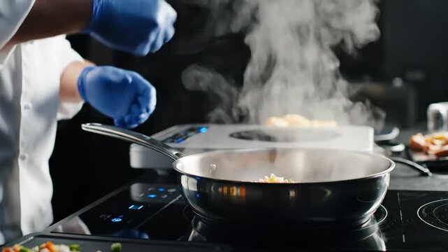 Chef cooking fresh vegetables in a professional kitchen with steam