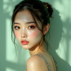 Radiant Beauty Portrait: A captivating portrait of an elegant woman, her luminous skin and flawless makeup reflecting a serene and poised state of mind.