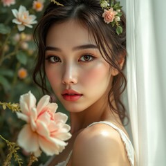 Blooming Beauty: A captivating young woman adorned with delicate floral accents, radiating grace and serenity amidst a backdrop of blossoming flowers.