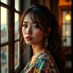 Radiant Beauty: A portrait of a woman bathed in soft light, her gaze piercing, conveying introspection and grace, the gentle details of her attire adding to the quiet elegance.