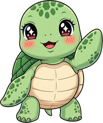 Cute cartoon baby turtle waving hello with big eyes.